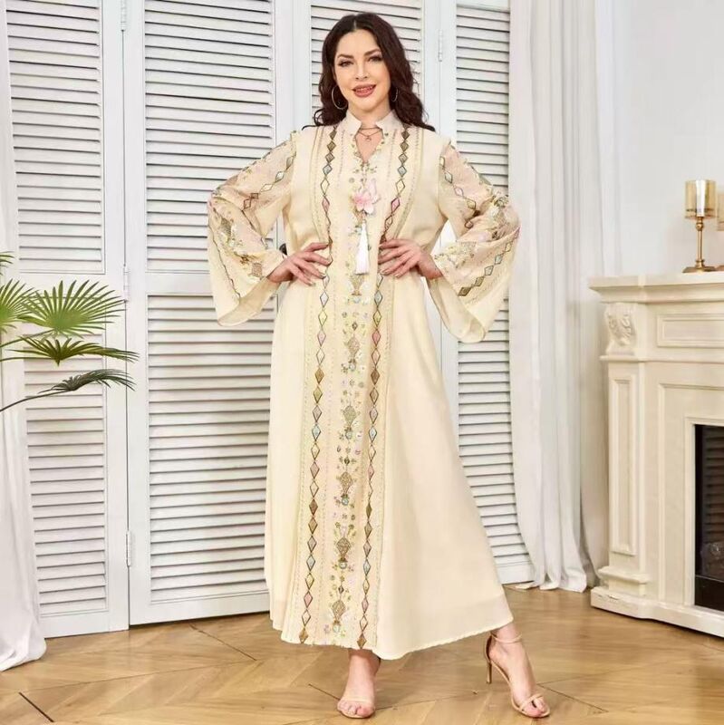 MT407 Middle Eastern Modest Wear Geometric Sequin Embellished Tassel Abaya (Triple Colorways)