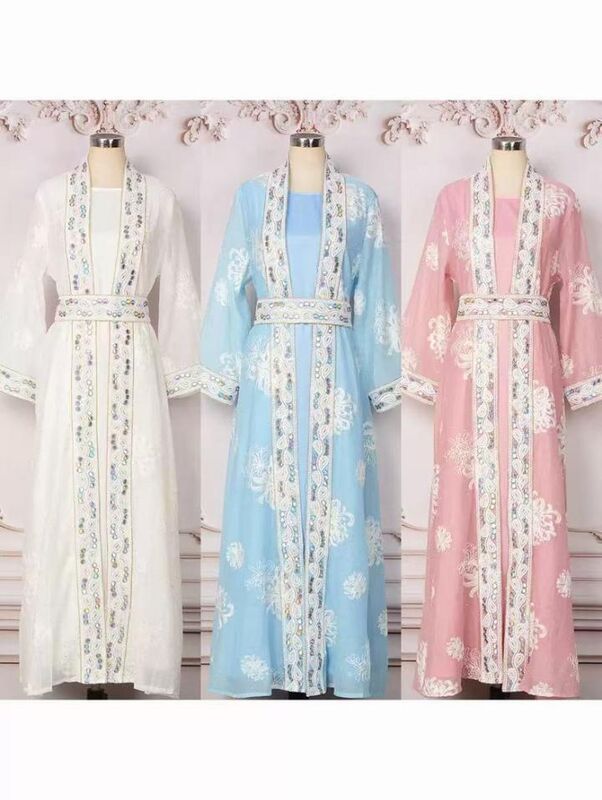 MT544 Middle Eastern Modest Wear Sheer Floral Lace Embellished Robe Set (Triple Colorways)