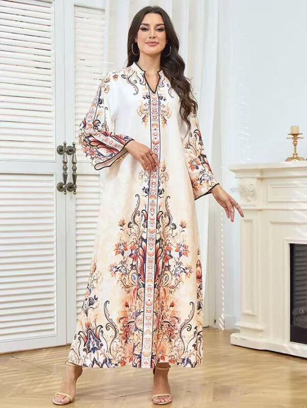 MT573 Middle Eastern Modest Wear Bohemian Floral Print Bell-Sleeve Abaya