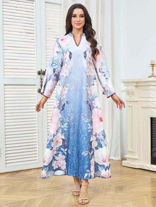 MT535  Middle Eastern Modest Wear Ombre Floral Print V-Neck Abaya