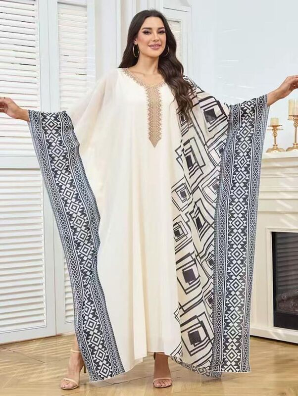 MT530 Middle Eastern Modest Wear Cream Geometric Print Kaftan Abaya