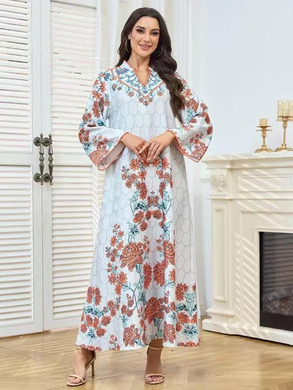 MT536 Middle Eastern Modest Wear Sky Blue Floral & Honeycomb Print Bell-Sleeve Abaya