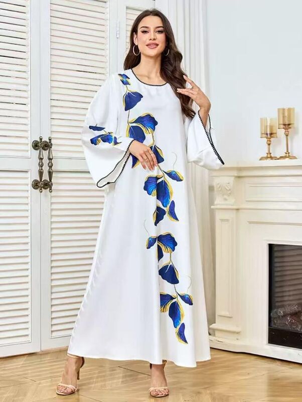 MT522 Middle Eastern Modest Wear White & Blue Petal Print Bell-Sleeve Abaya