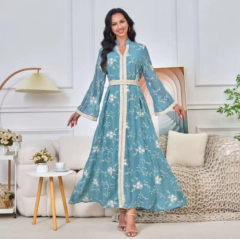 MT140 Middle Eastern Modest Wear Floral Embroidered Tie-Waist Abaya (Dual Colorways)