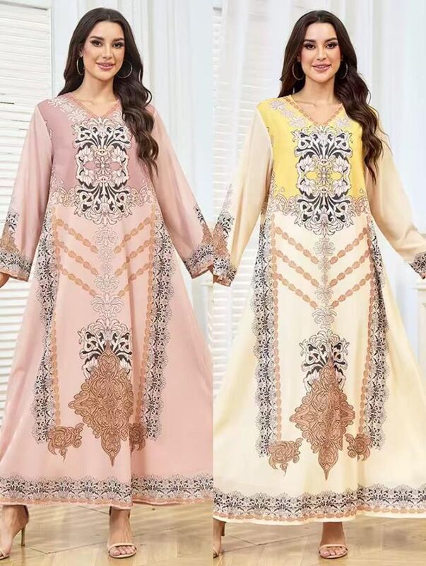 MT531 Middle Eastern Modest Wear Bohemian Totem Print V-Neck Abaya (Dual Colorways)