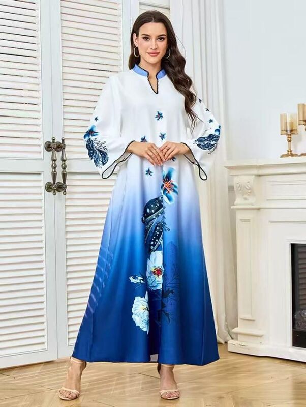MT521  Middle Eastern Modest Wear Ombre Blue Floral Print Bell-Sleeve Abaya
