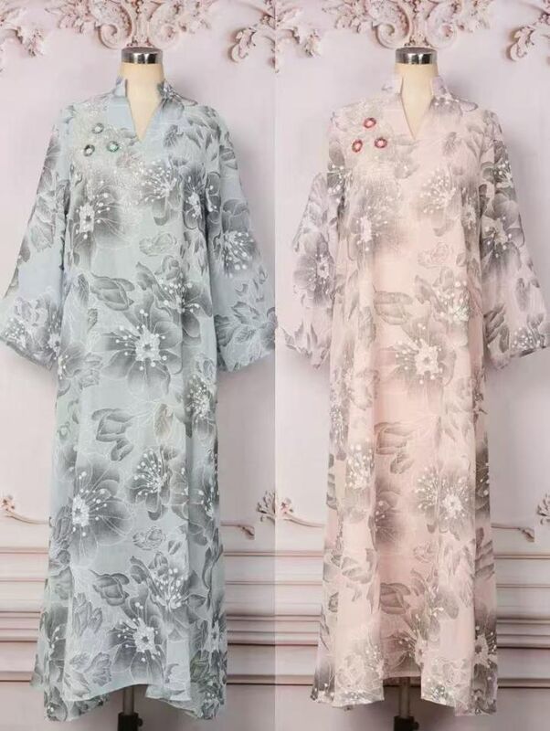 MT543  Middle Eastern Modest Wear Floral Print Beaded Chiffon Abaya (Dual Colorways)