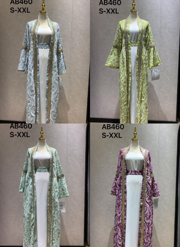 AB460 Middle Eastern Modest Wear Leaf Print Embellished Robe Set (Four Colorways)