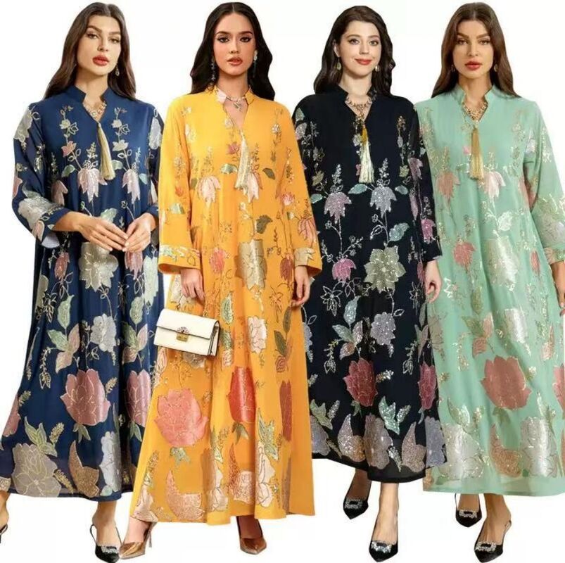 AB349  Middle Eastern Modest Wear Gold Floral Print Tassel Abaya (4 Colors)