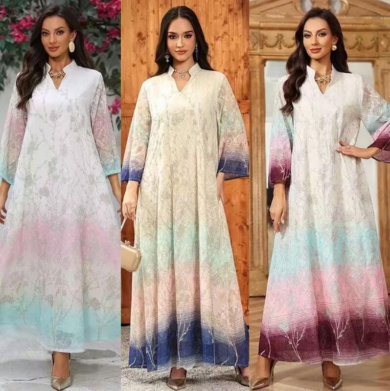 AB508  Middle Eastern Modest Wear Ombre Floral Print Chiffon Abaya (3 Colors)