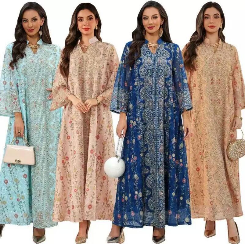 AB510 Middle Eastern Modest Wear Floral & Geometric Embellished Abaya (4 Colors)