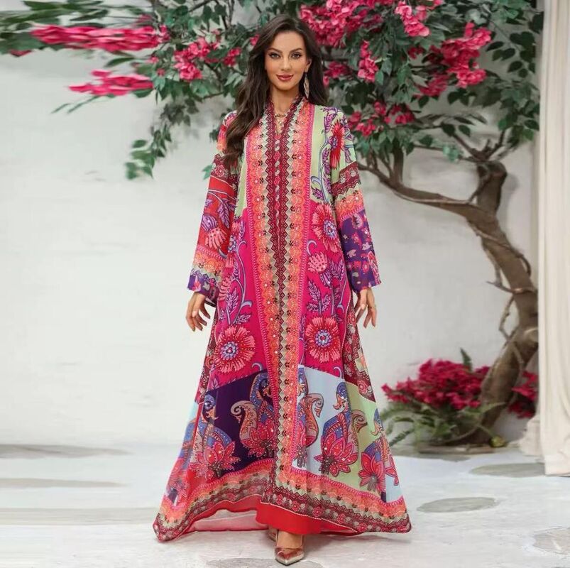 AB535/AB534  Middle Eastern Modest Wear Patchwork Paisley Print Abaya (2 Colors)