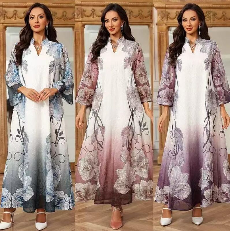 AB503  Middle Eastern style dignified wearing dark printed chiffon abaya outfit (3 colors)