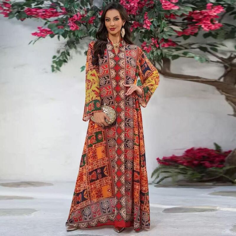 AB525 Middle Eastern Modest Wear Bohemian Geometric Patchwork Abaya (Yellow-Red Multi)