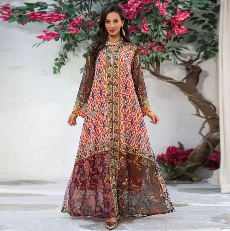 AB524 Middle Eastern Modest Wear Tribal Geometric Patchwork Abaya (Brown-Orange Multi)