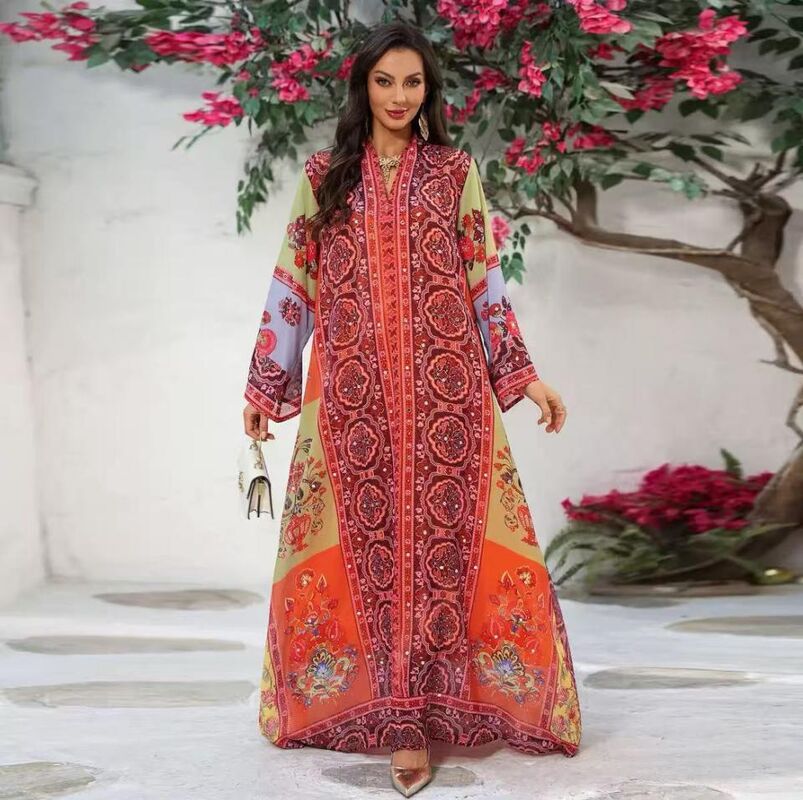 AB531 Middle Eastern Modest Wear Vintage Gradient Paisley Print Abaya (Orange-Green Multi)