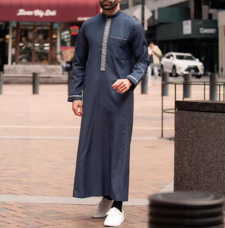 KM001 Middle Eastern Men's Embroidered Thobe / Jubba (Black With Gold Embroidery)