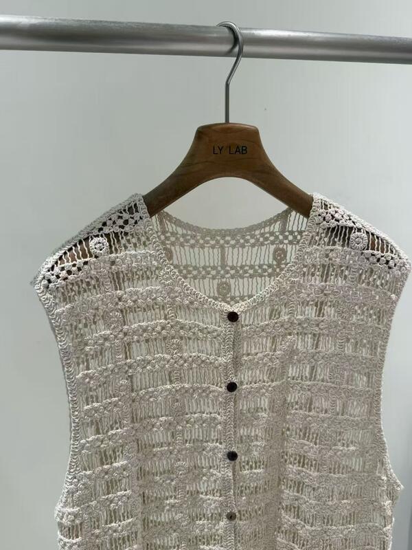 Summer New Fashionable 100% Cotton Apricot Hook Hollow Tank Top