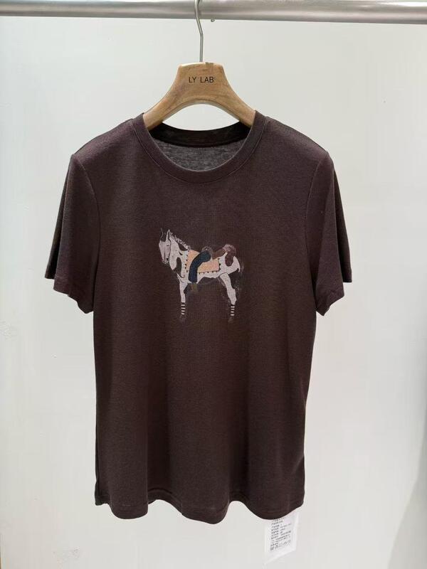 Spring and summer daily 82.3% Tencel 14.5% Wool 3.2% Spandex Black Coffee Cartoon Printed Tencel Wool T-shirt