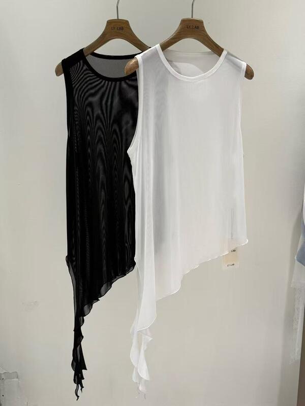 Spring and summer new black and white 100% polyester irregular hem mesh vest