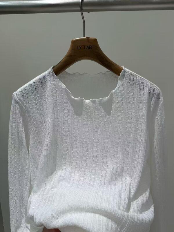 Spring And Summer Hot Item 92% Polyester 8% Linen White Crochet Knit T-shirt With Tassel Hem