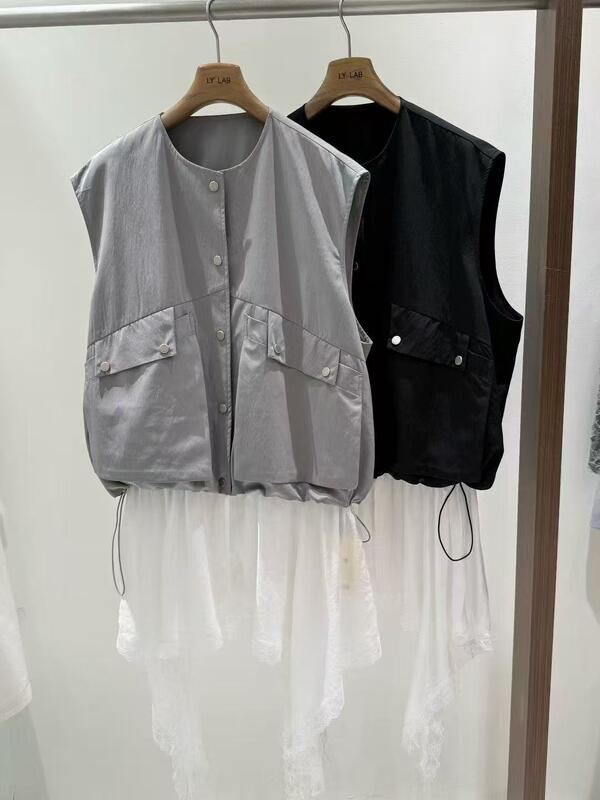 Spring/Summer New 45% Polyester 55% Nylon Grey Black Work Clothes Style Tank Top With Tencel Hem Splicing