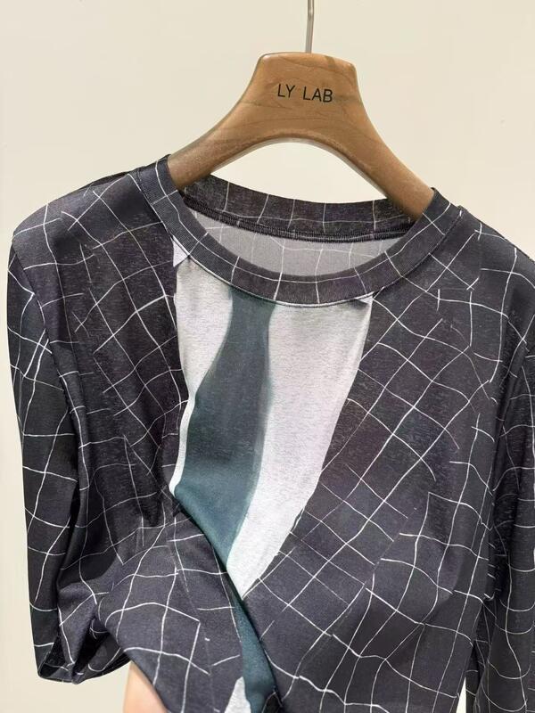 Spring And Summer 95% Polyester Fiber 5% Spandex Dark Gray Patterned Printed Knitted T-shirt, Adopting Miu Inspired Aesthetics