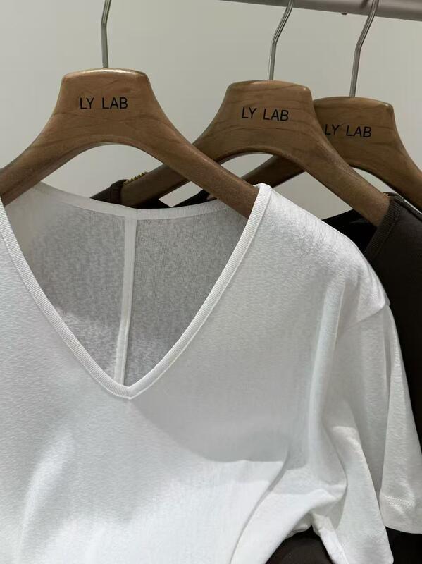 Summer Lightweight 70% Cotton 26% Polyester 4% Linen White Coffee Black Tricolor Summer V-neck Short Sleeved T-shirt