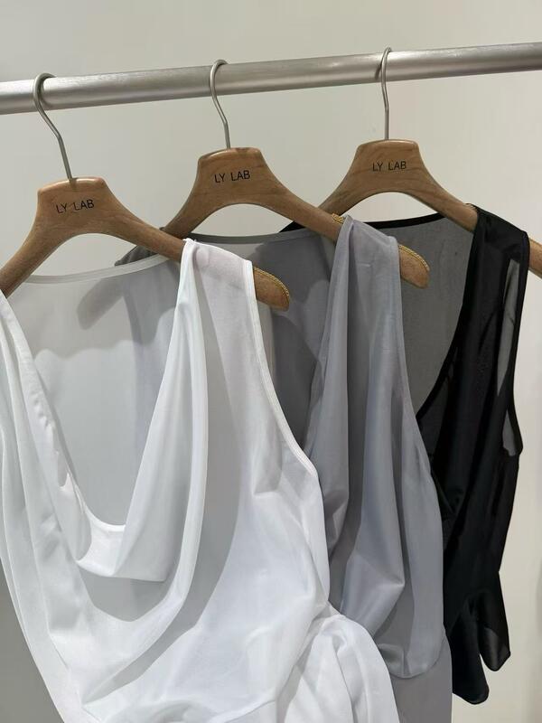 Summer Fashion 95% Polyester 5% Spandex White Gray Black Asymmetrical Round Neck Pleated Vest