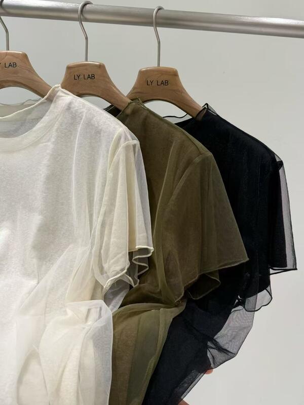 Summer hot item blue-green/black/apricot 49.1% Lyocell fiber 29.9% polyester, 21% linen layered vest and T-shirt set