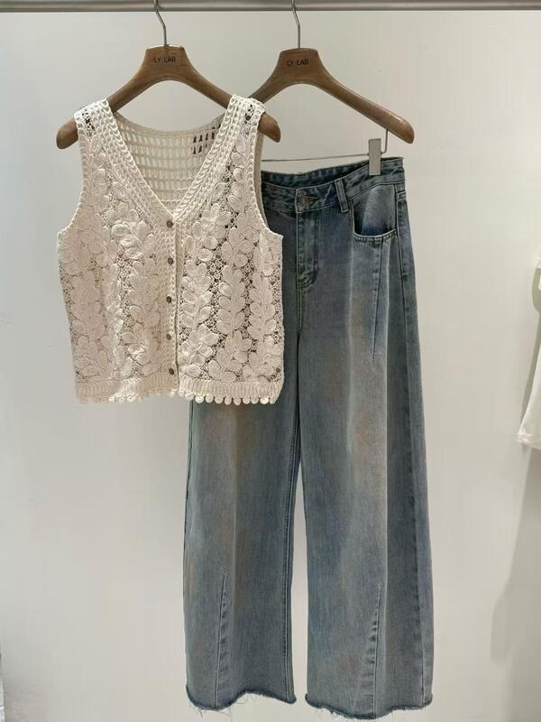 Spring and summer 100% pure cotton crochet hollow vest