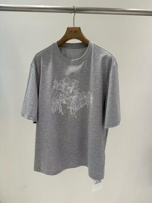 Fashion Raised Embroidery Graphic Detailed T-Shirt, 42% Lyocell 30% Polyester 28% Cotton Blended Fabric, Soft Smooth Casual Basic Short Sleeve To
