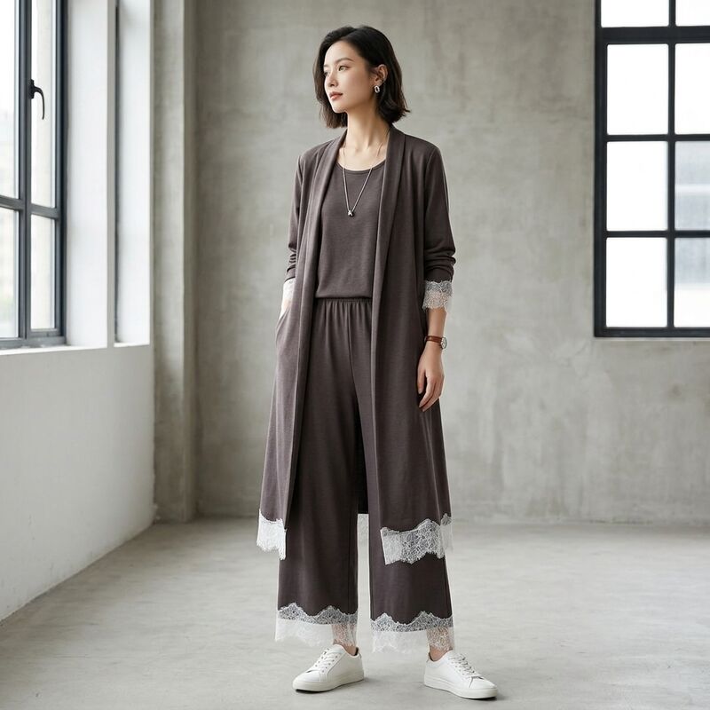 Stylish Lace-Trimmed Hem Knit Trousers, High-Quality Blended Fabric of 40% Lenzing™ Modal, 37% Cotton, 17% Polyester and 6% Spandex, Skin-Friendly Elastic Daily Knit Pants