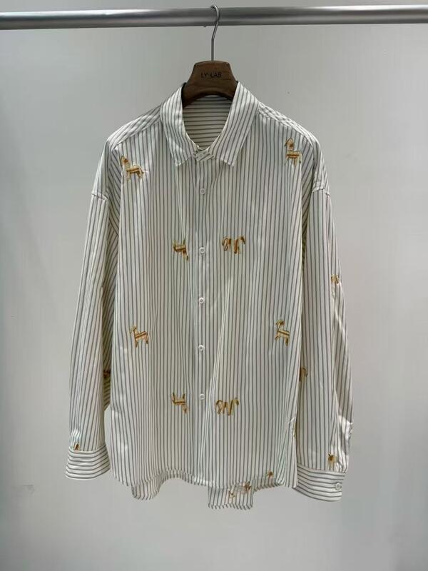 100% pure cotton breathable and moisture absorbing vertical stripe shirt with cute cartoon embroidery casual loose and fashionable women's top