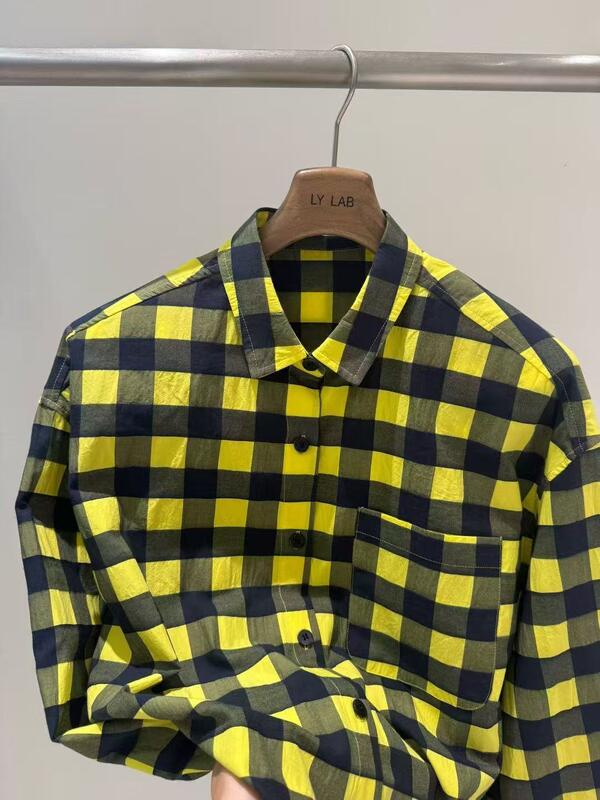 100%Cotton Bold Color-Block Plaid Blouse with Architectural Silhouette – Designer Inspired Deconstructed Check Top